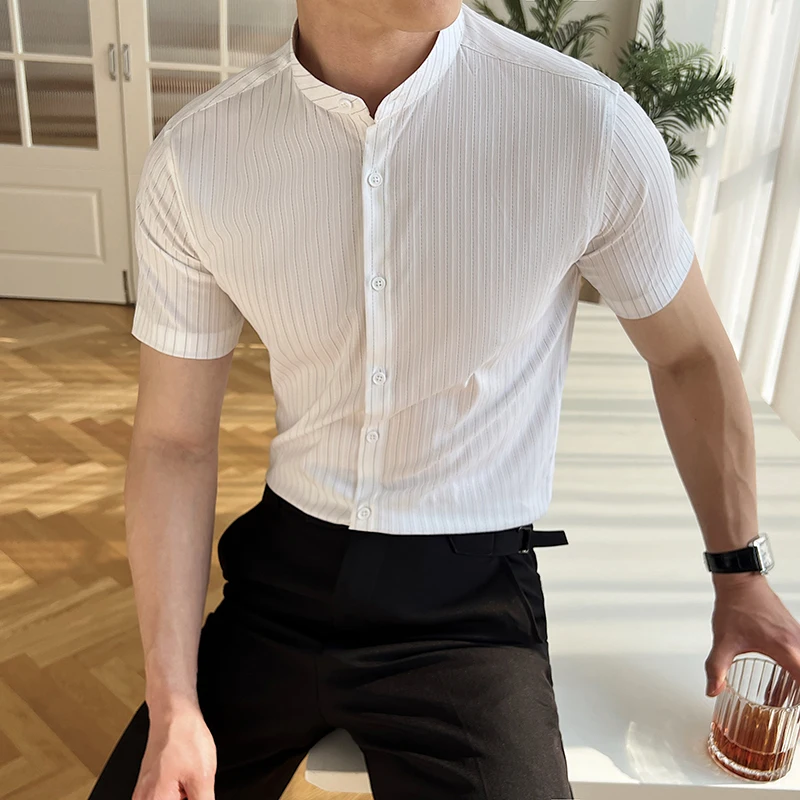 

Мужская рубашка, модная рубашка с воротником-стойкой и коротким рукавом, полосатые рубашки для мужчин, летняя деловая официальная одежда, облегающая офисная блузка Homme 4XL