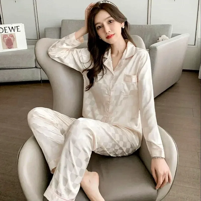 Spring Autumn Pajamas Women Ice Silk Long Sleeve Cardigan Homewear Suit Female Loose Comfortable Thin Breathable Nightclothes