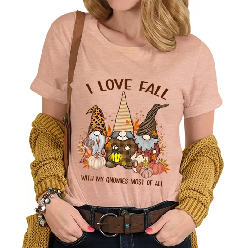 Autumn Tshirts I Love Fall with My Gnomies Most of All Print T Shirt Women Clothes Cartoon Gnomes Graphic Short Sleeve Tshirt