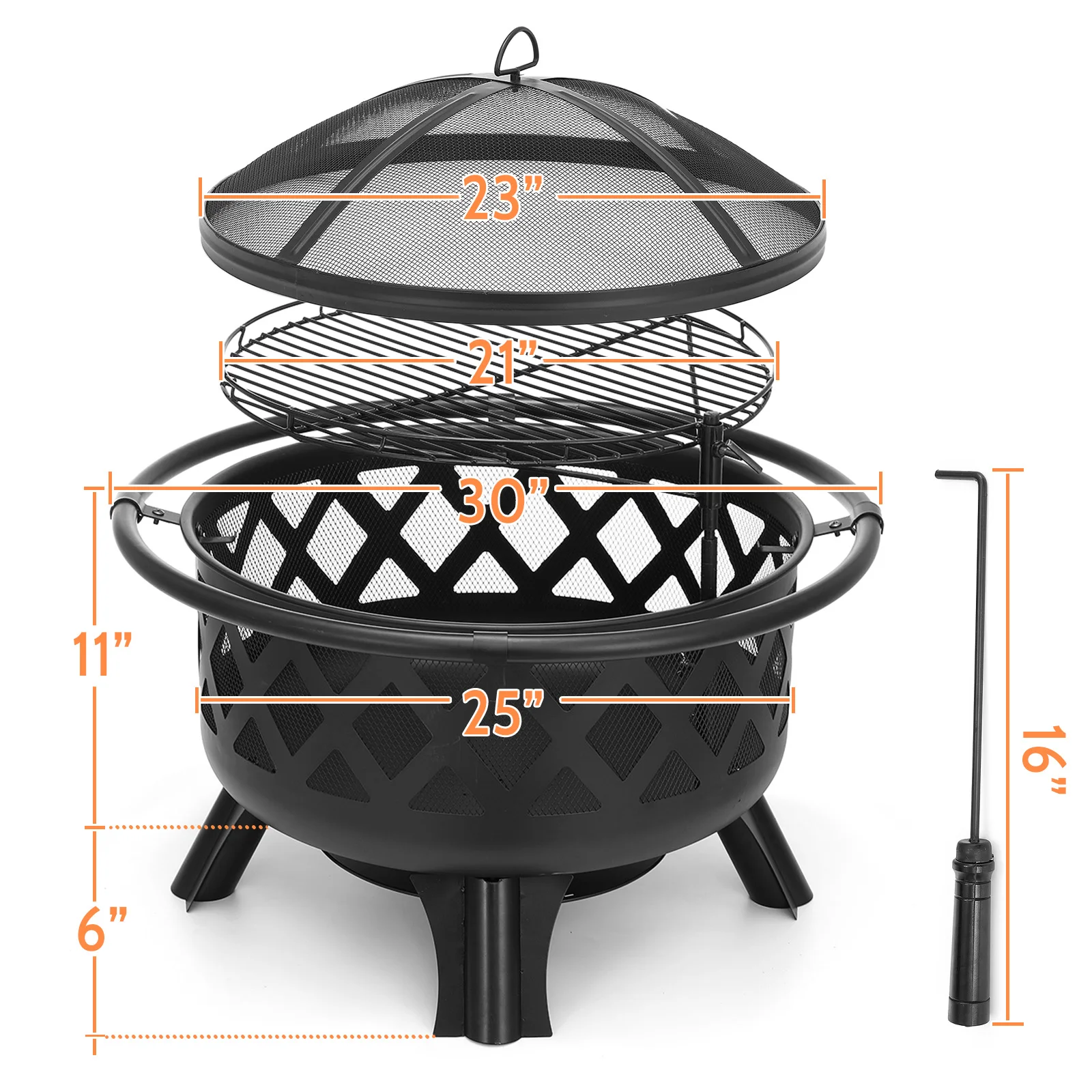 30 Inch Fire Basket with Mesh Cover Fire Poker Heating Stove Portable Foldable Charcoal BBQ Grills Winter Outdoor Campfire Basin