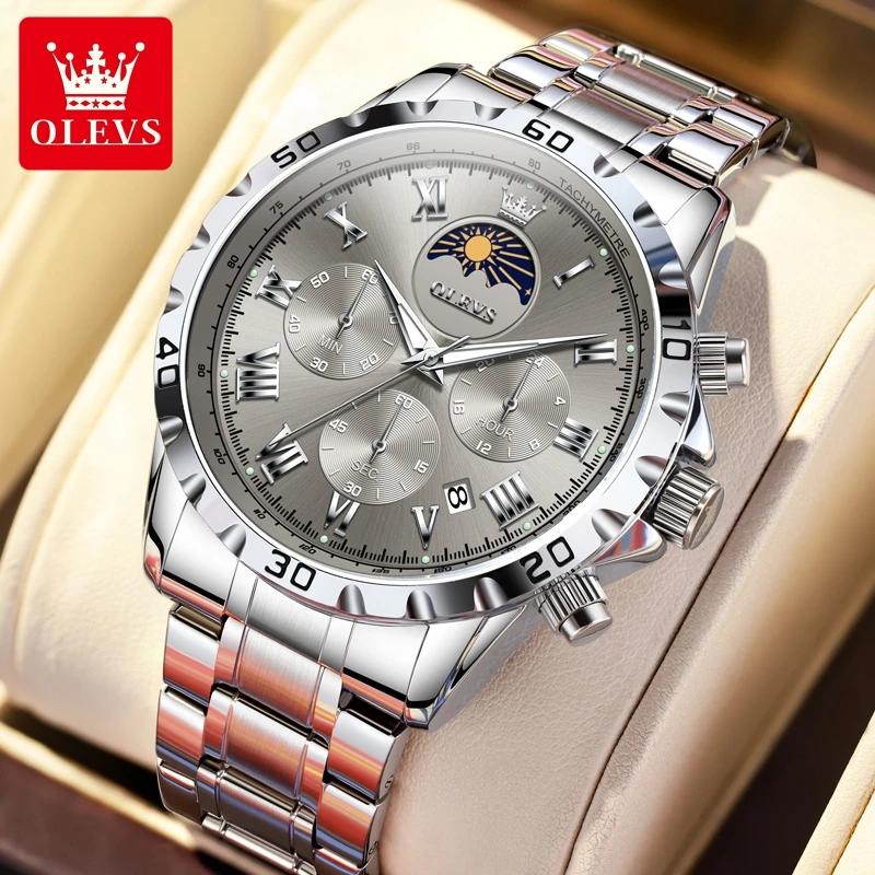 

OLEVS Quartz Watches for Men Classic Original Moon Phase Waterproof Fashion Watch Stainless steel Roman Scale Men's Wristwatches