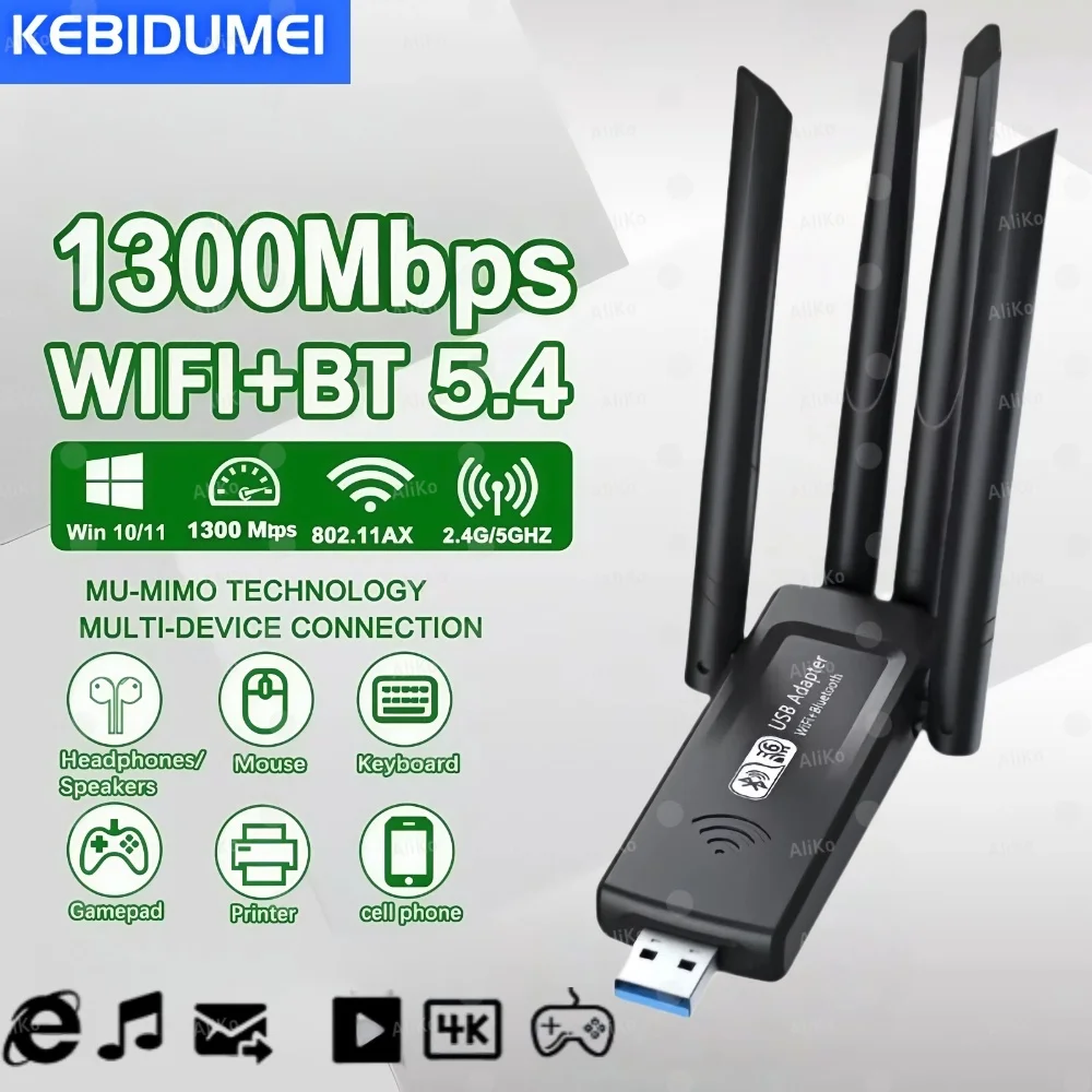 1300Mbps USB 3.0 WiFi 어댑터 네트워크 카드 듀얼 밴드 2.4G/5GHz 블루투스 5.4 무선 수신기 송신기 데스크탑 노트북 PC용