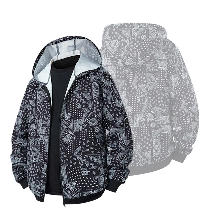 Jacket Thin European Size Men Vintage Bandana Print Elastic Casual Oversize Hooded Zip Up Coat Street Style Graphic Outwear
