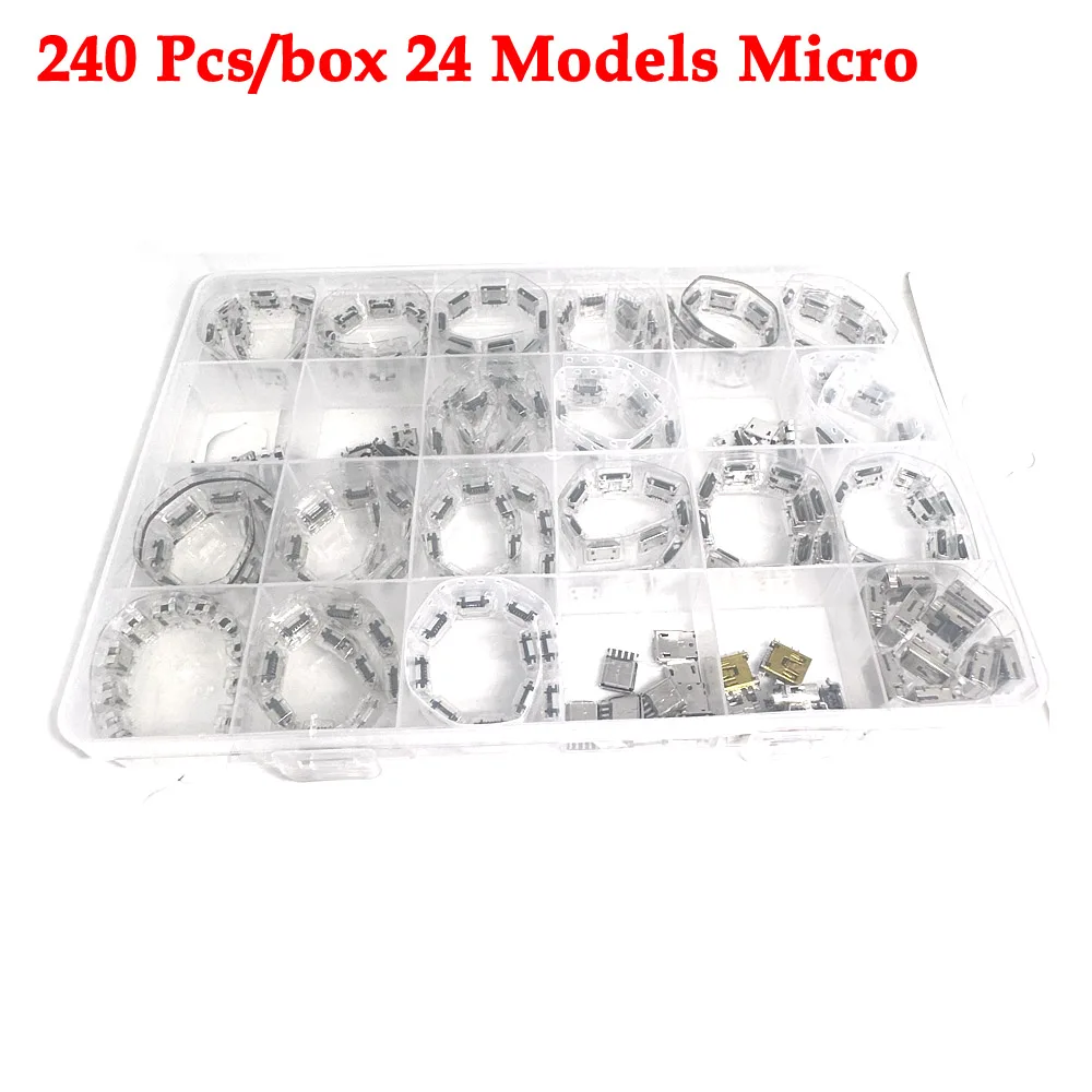 

Micro USB Connector Set 240 Pcs/box 24 Models Female mini usb soldering connectors diy,For MP3 Huawei Samsung SMD DIP Socket Kit