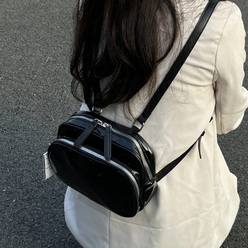 

Black Patent Leather Ladies Small Backpack Fashion Cool Girls Square Shoulder Bagss Retro Design Women's Travel Handbag Knapsack