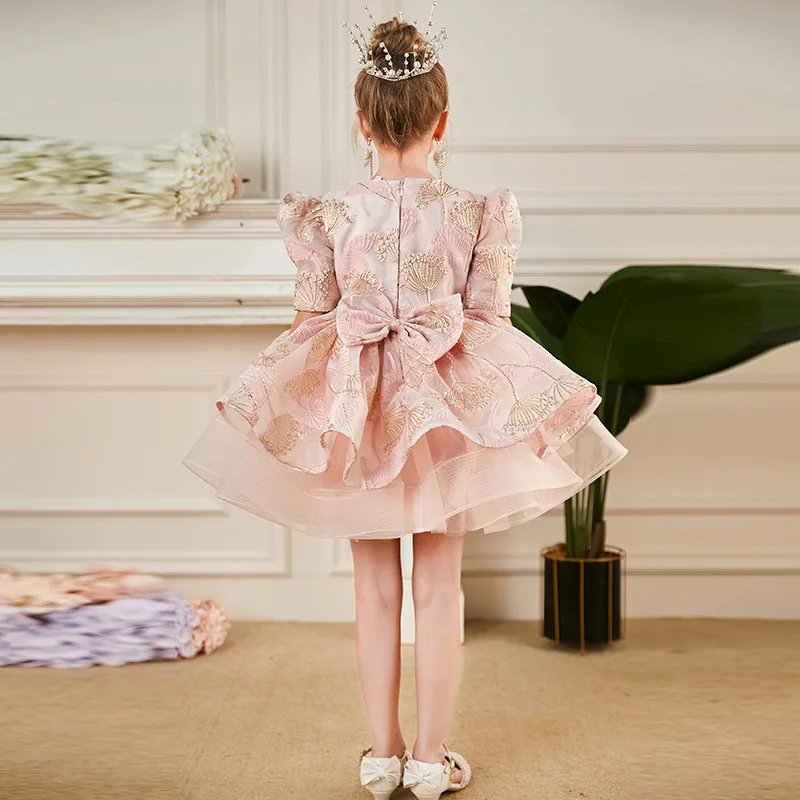Maßgeschneidertes Elegantes Prinzessinnenkleid mit Applikationen in Rosa für Mädchen-Geburtstagsfeier Puffärmel Schleife 2026 Blumenmädchenkleider – Detail 6
