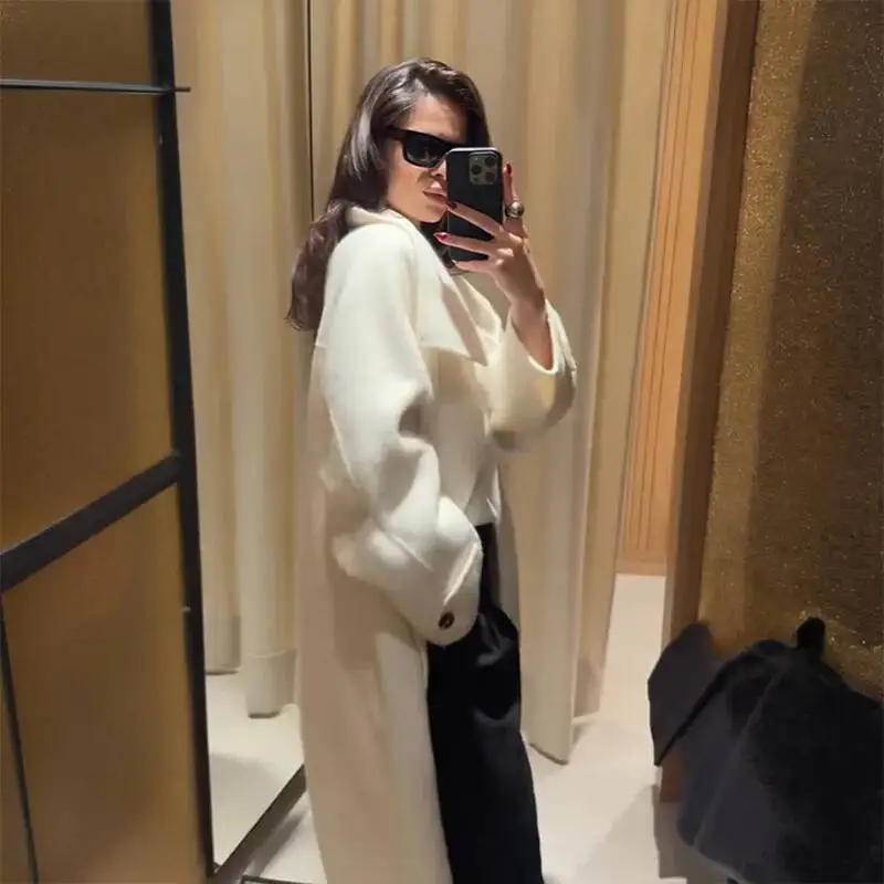 Loose Fit Long Woolen Coat Women's Autumn Winter New Style Mid-Length Stand Collar Casual Fashion Polyester Fiber Pure Color