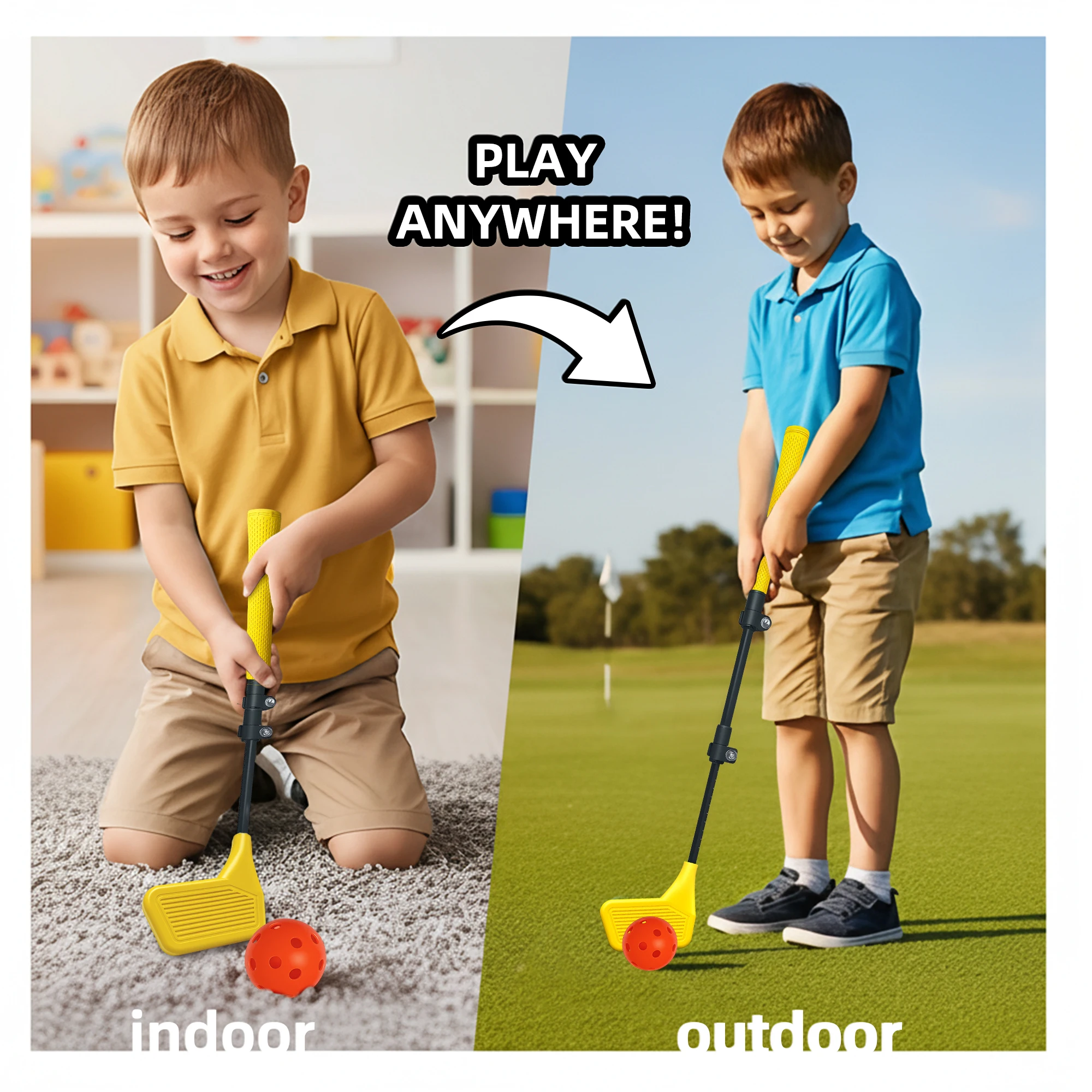 Premium Golf Toy Playset for Kids, Adjustable Length Putter, 6 Hollow Golf Balls & 1 Practice Hole Flag, Perfect Parent-Child G