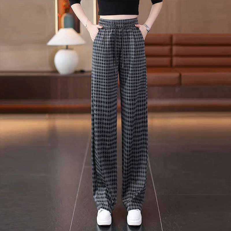 กางเกงขายาวลายสก็อตสำหรับผู้หญิง รุ่นใหม่สำหรับฤดูใบไม้ผลิและฤดูใบไม้ร่วง เอวสูง ทรงหลวม ช่วยพรางหุ่น กางเกงขายาวทรงยาว ขอบเอวยางยืด ลายเส้นเล็ก