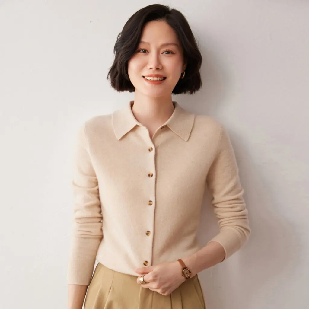 

Women's Polo Collar Cashmere Cardigan Shirt Warm Top Elegant Lapel Sweater Outwear Knitted Autumn Winter Bottoming