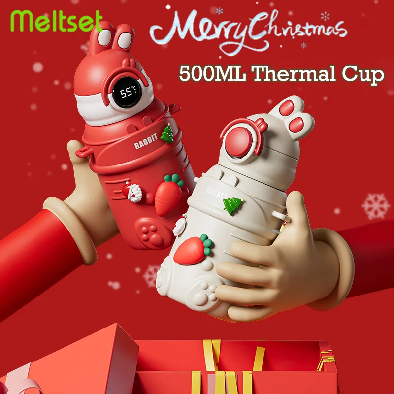 500ML Display Temperature Christmas Thermal Cup with Cup Sleeve Leak-Proof Children Straw Water Bottle Xmas Gifts Decoration