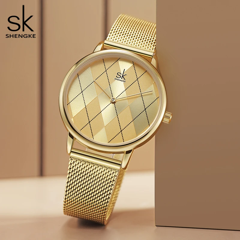 SHENGKE Original Design Womens Watches Fashion Golden Stainless Woman\'s Quartz Wristwatches Ladies Gifts Clock Relogio Feminino