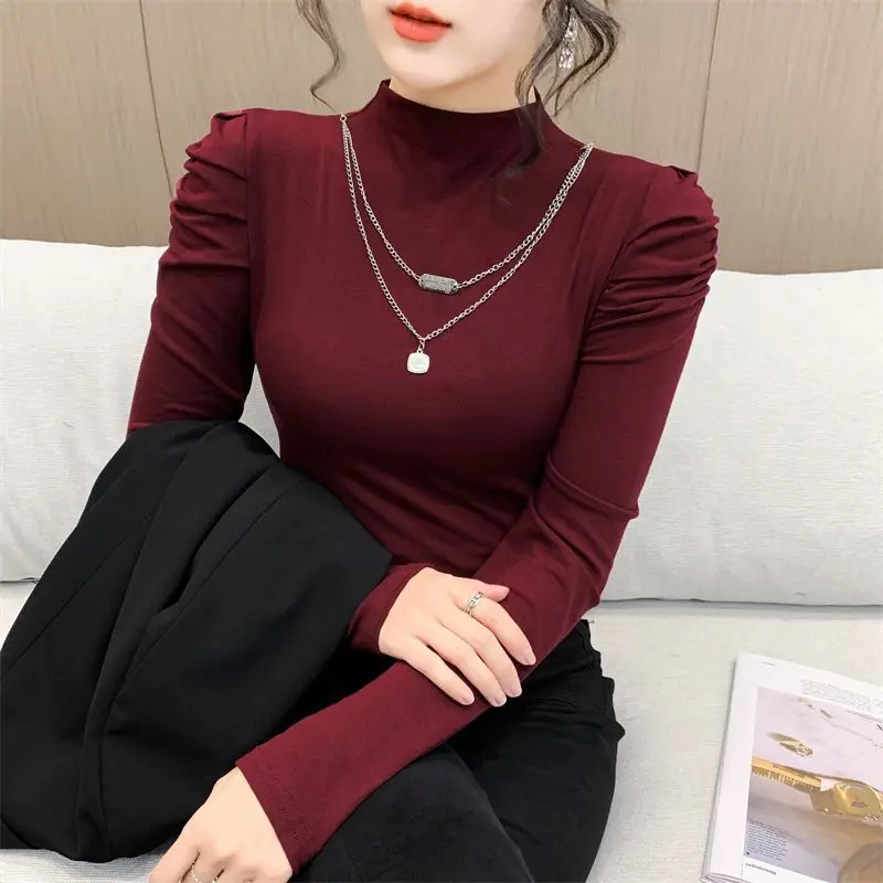 

Новые универсальные модные футболки в корейском стиле, элегантная женская одежда, простые топы с длинным рукавом, облегающие, для осени и зимы, повседневные.