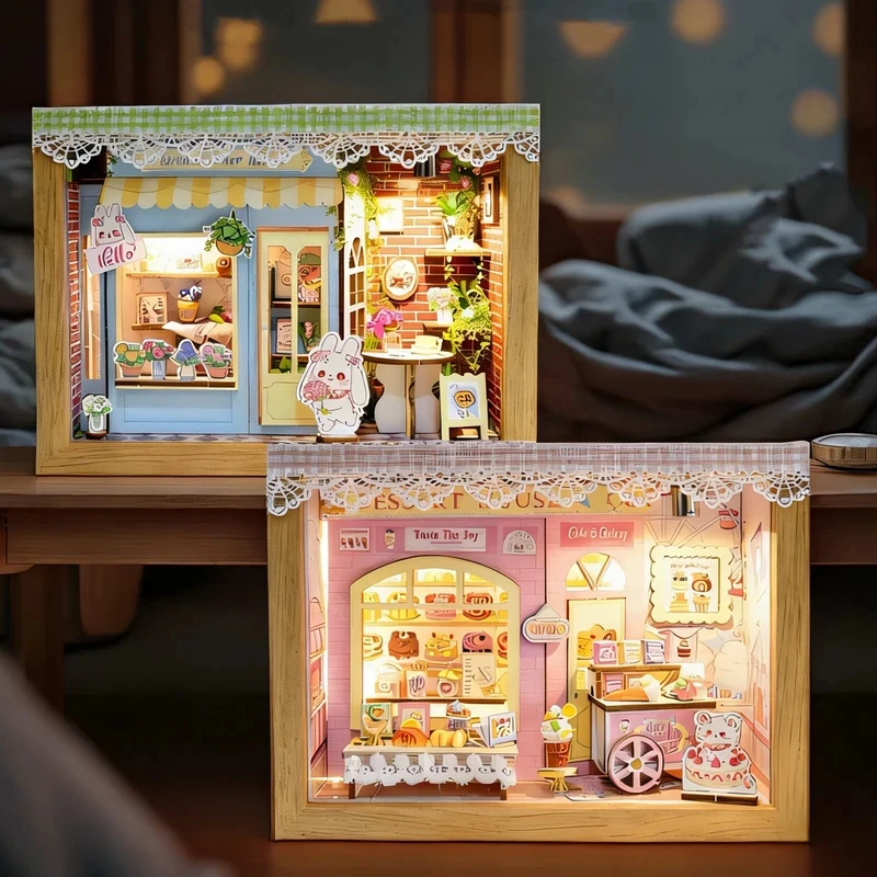 

OUZEY DIY Wooden Dollhouse Miniature Dessert Store Model Kits with Furniture LED Lights for Friends Birthday Gift