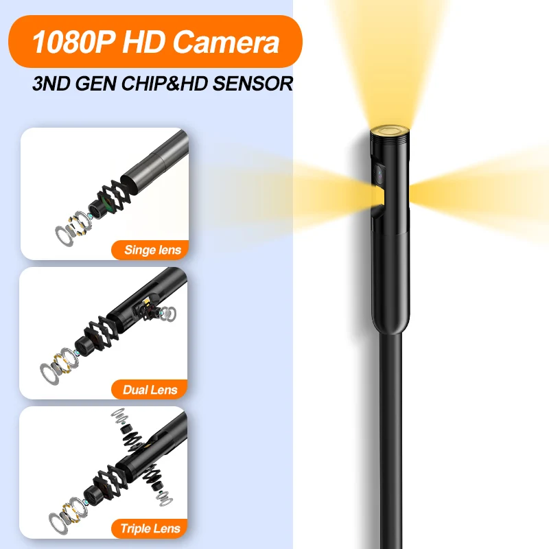 Triple Lens Industrial Endoscope Camera 4.3\'\' IPS Screen HD1080P Single Dual Pipe Car Inspection USB Borescope Waterproof LEDs