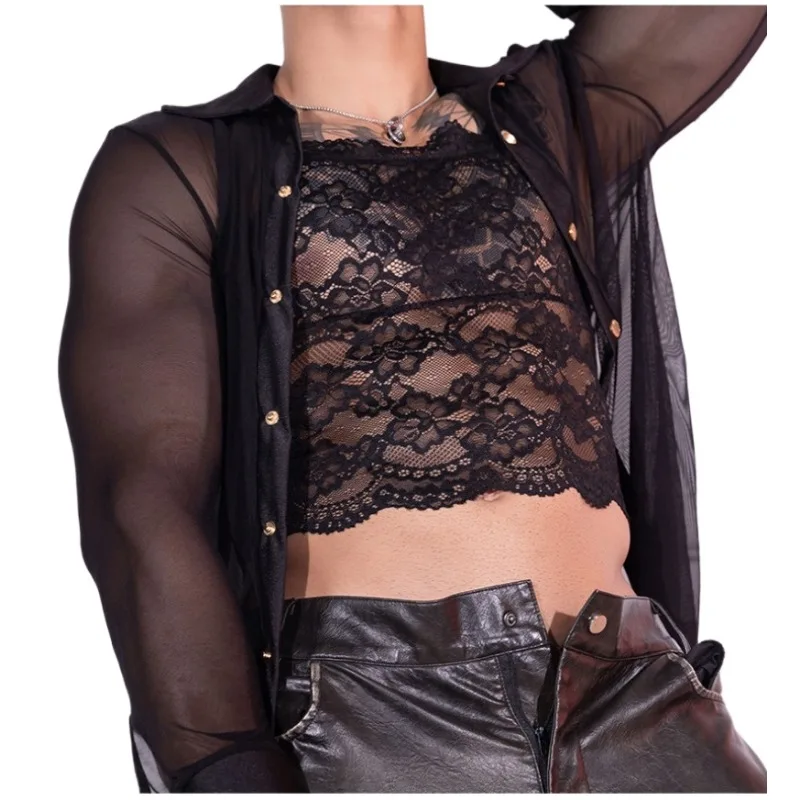 

Men's Lace Floral Crop Top Muscle Tank Semi Transparent Sheer Mesh Vest Chest Harness Sissy Lingerie for Men Rave Accessory