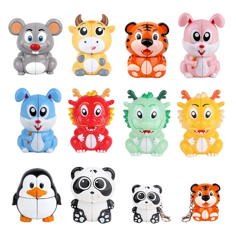 Animal Cube Yuxin Cartoon Animal Design 2x2 Magic Cube Rabbit Panda Tiger 2x2 Mini Keychain Puzzle Toys For Children Kids Gift