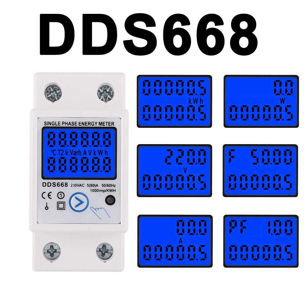 Electric Energy Meter 2P Single Phase LCD Digital Display DIN Rail Mounting 2wire Electric Meter Wattmeter Power kWh AC230V 60Hz