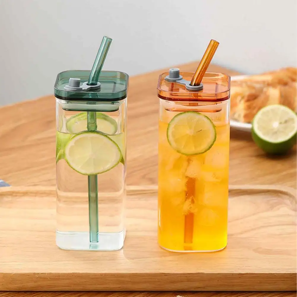 Iced Coffee Glassware Set Square Glass Cups with Lids Straws Square Borosilicate Glass Cup with Lid Straw 350ml for Iced
