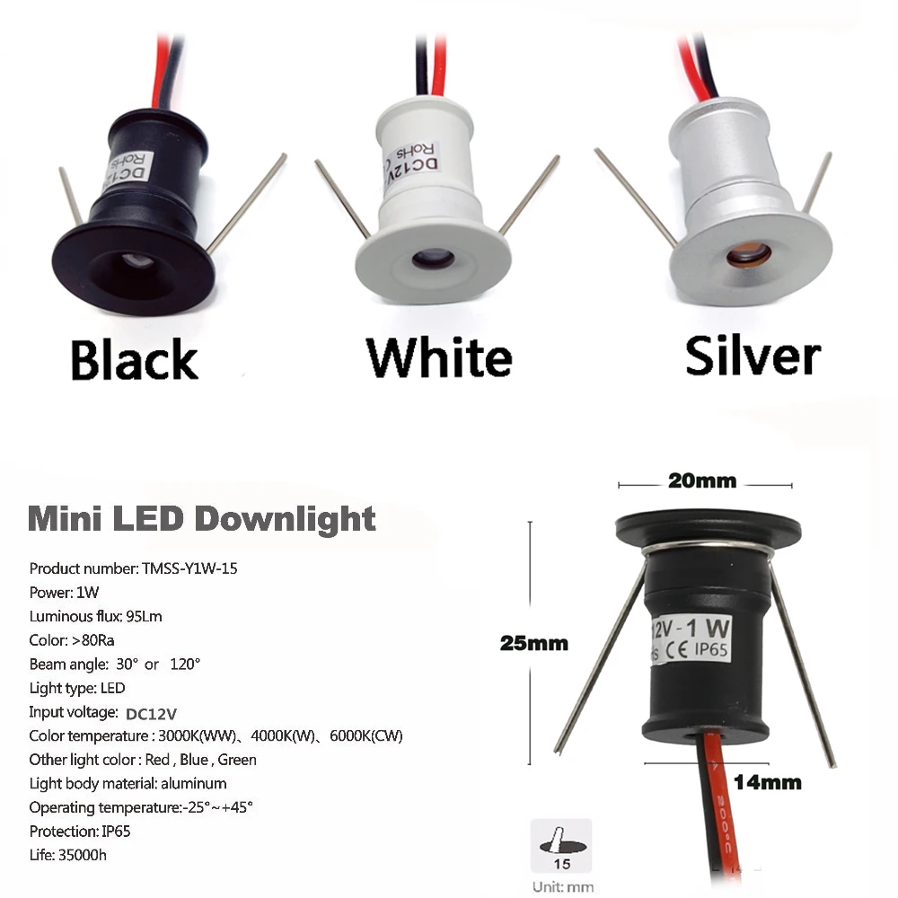 12V Mini LED Spot Downlights 1W Dimmable Ceiling Lamp Set Remote Controller 15mm Recessed Black Silver White Cabinet Spot Lights