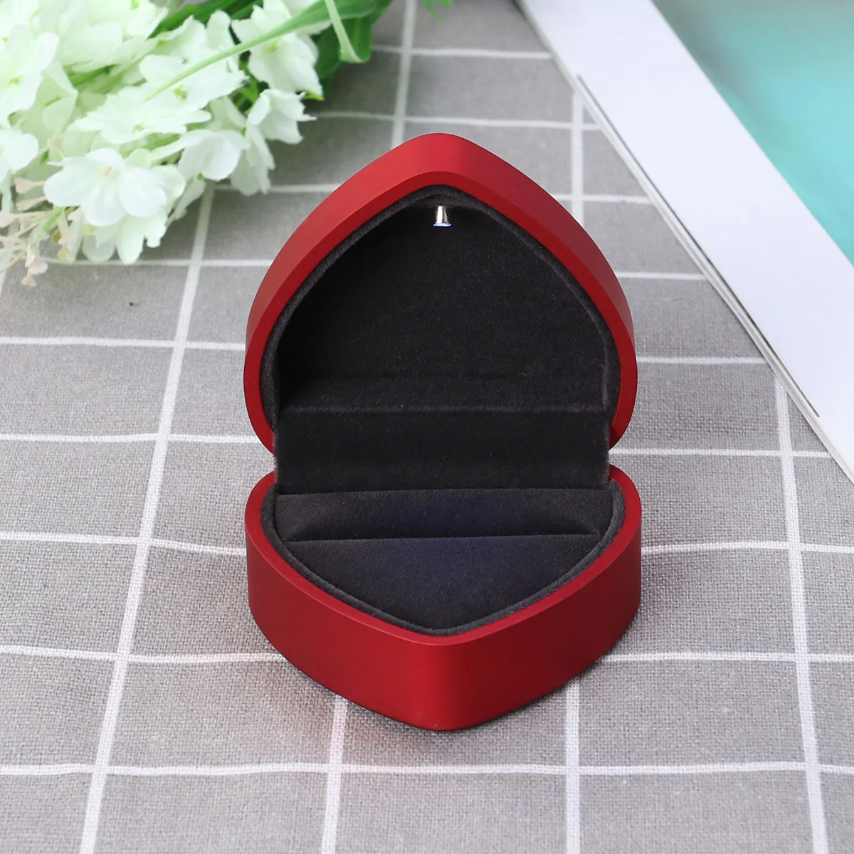 

Red Heart Shape LED Ring Box Spotlight Soft Fabric Interior for Wedding Proposal Valentines Day Anniversary Ring Box