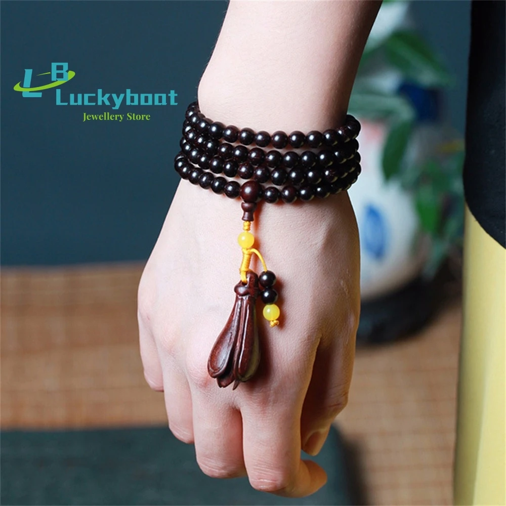 

African Lobular Red Sandalwood Blood Sandalwood 108 With Magnolia Flower Pendant Men And Women Diy Bead Bracelet