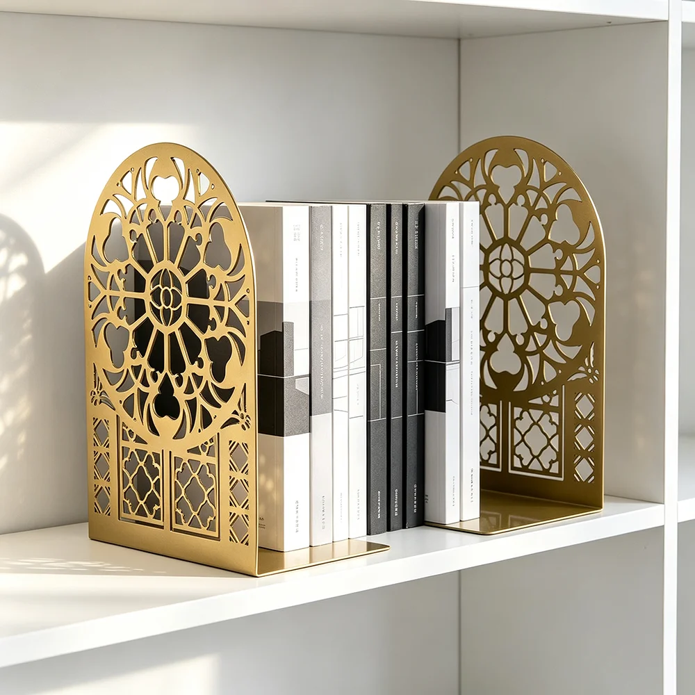 Gold Gothic Metal Bookends for Book Lovers Vintage Decorative Bookshelf Organizer for Home Office Library Christmas Gift