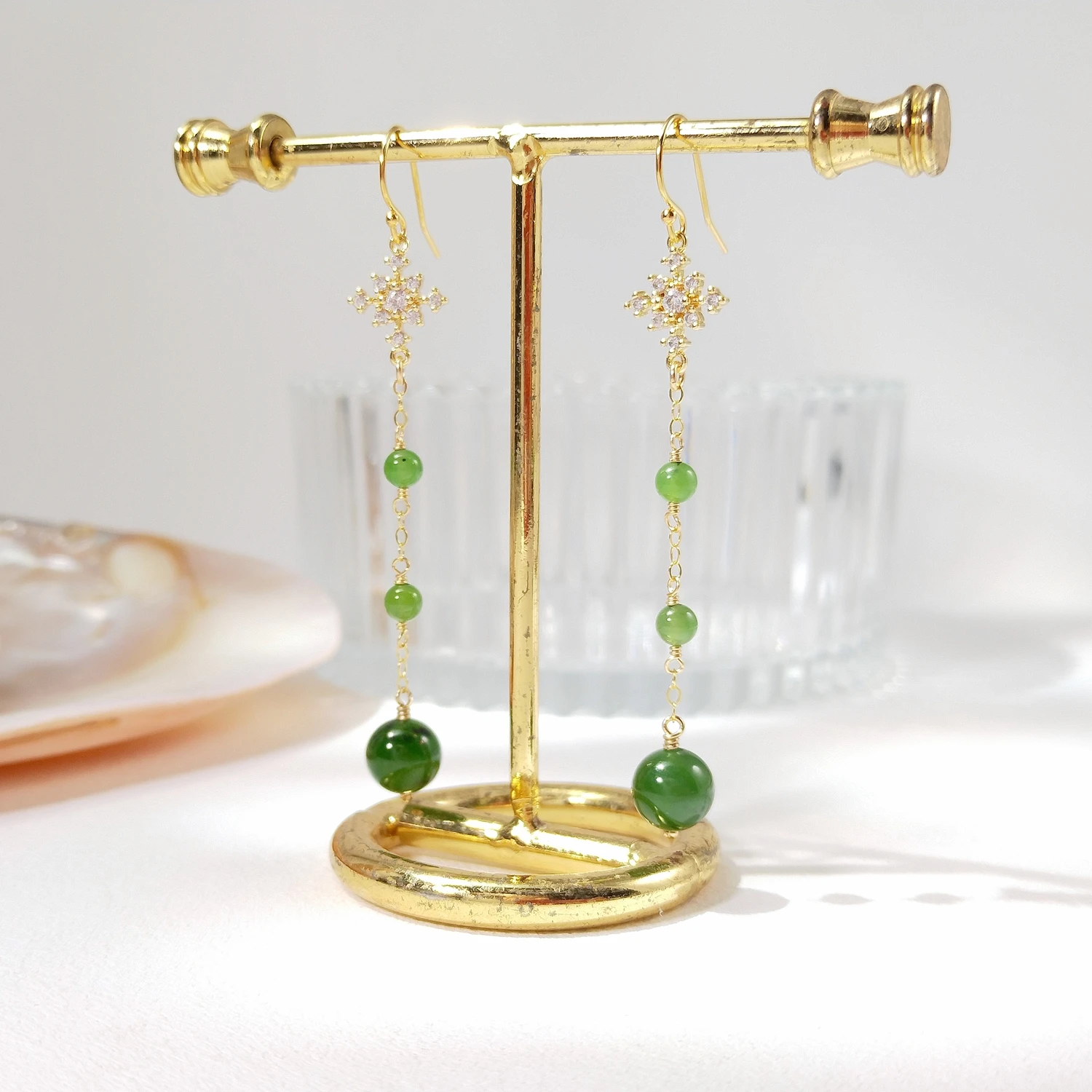 

Lii Ji Natural Hetian Jade American 14K Gold Filled Dangle Earrings Handmade Jewelry