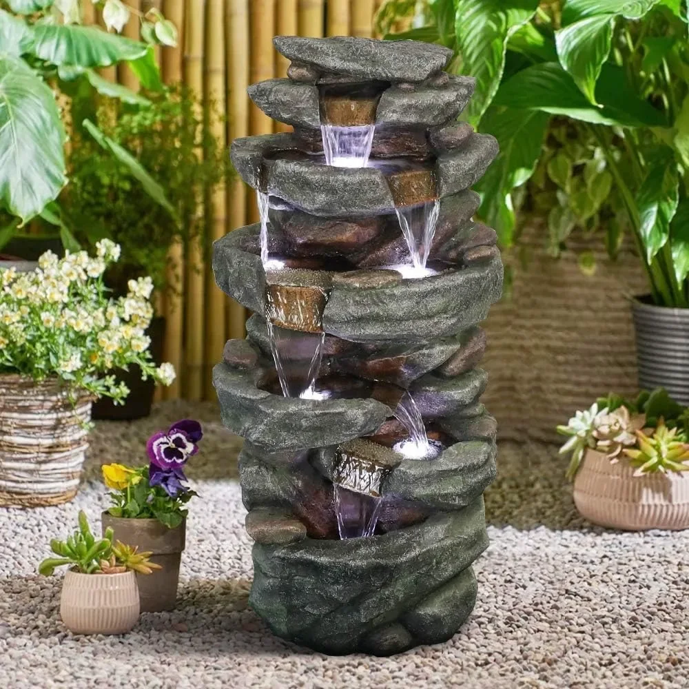 

40.5” High Rocks Outdoor Water Fountain - 6-Tiers Cascading Waterfall w/ LED Lights, Soothing Tranquility for Home Garden, Yard