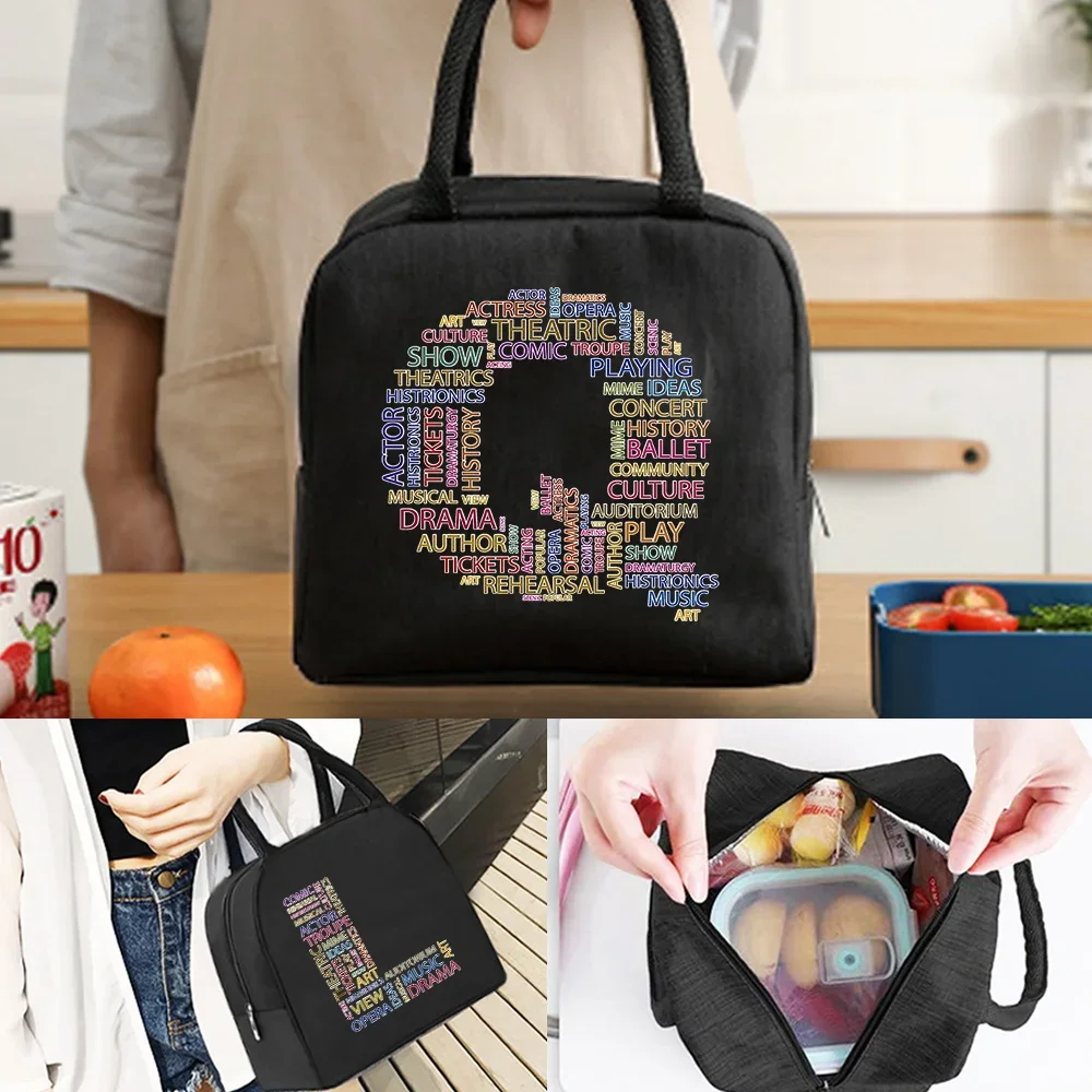 Portable Lunch Tote Bag with Reinforced Handles Smooth Zipper Text Letter Printing and Wipeable Inner for School Weekend Trips