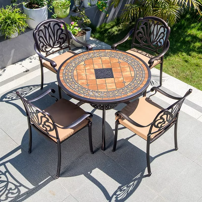 2024 Outdoor Garden Cast Aluminum 100cm Round Dining Table Marble Tiles Design Dining Table Tile paving Table Modern Furniture