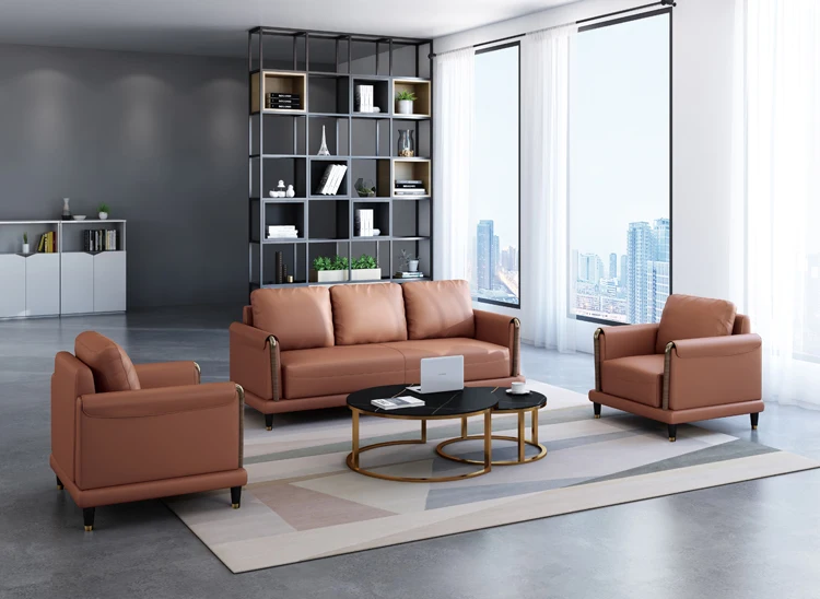 

Modern design luxury brown leather sofa set furniture for office reception room