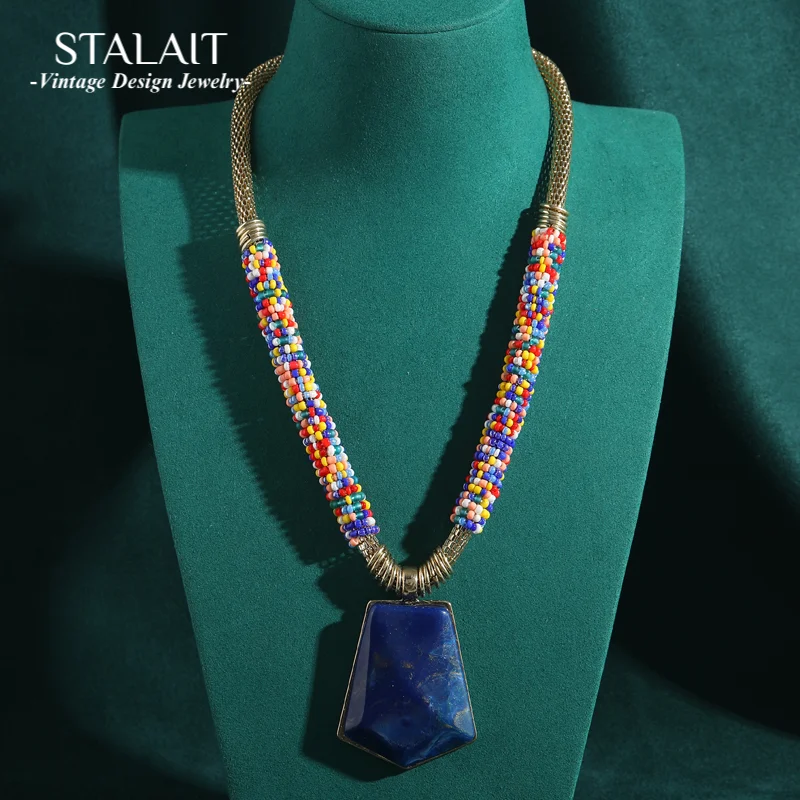 

Blue Natural Stone Pendant Necklace Lapis Lazuli Woman Vintage Jewellery High Quality Coloful Beads Luxury Designer Jewelry