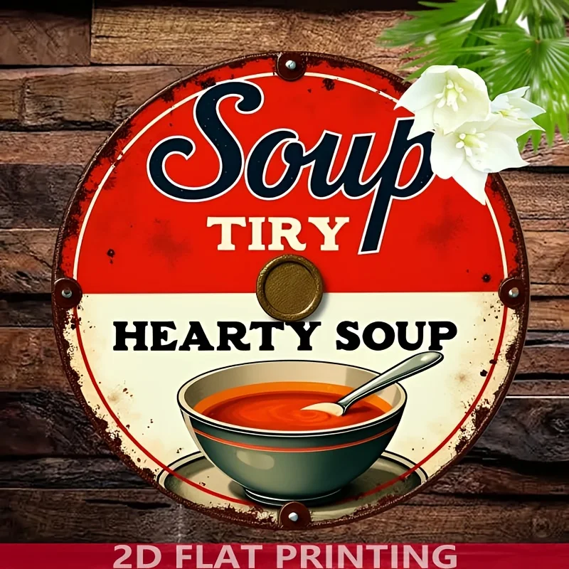 2D Flat, 2D Flat - Launch: 2D Flat, 1pc Vintage Soup-Themed Metal Wall Sign - 8-Inch Round Retro Decor Featuring a Soup Bowl & S