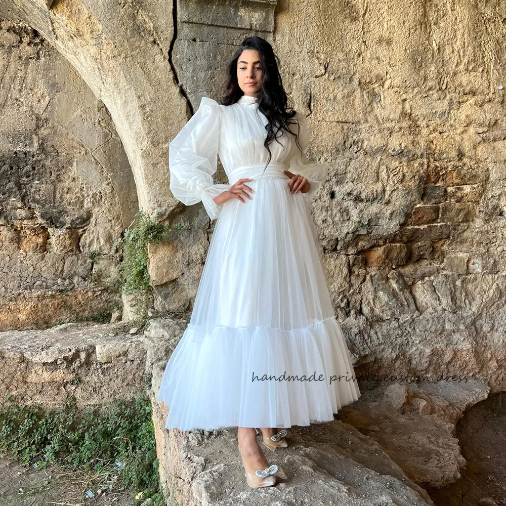 

White Organza A Line Wedding Dresses Long Sleeve High Neck Simple Wedding Bride Dress Ankle Length Princess Bridesmaid Gowns