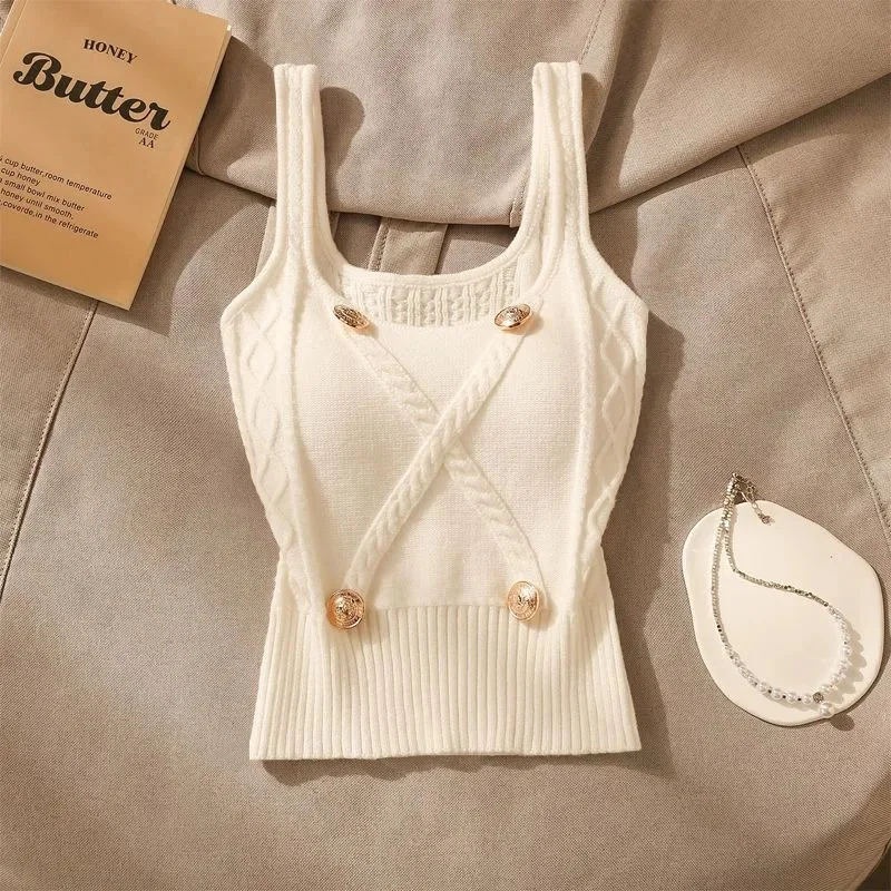

White Knitted Fried Dough Twists Cross Strap Vest for Women Summer Outwear Sexy Beauty Back Slim Design Sleeveless Waistcoat Top
