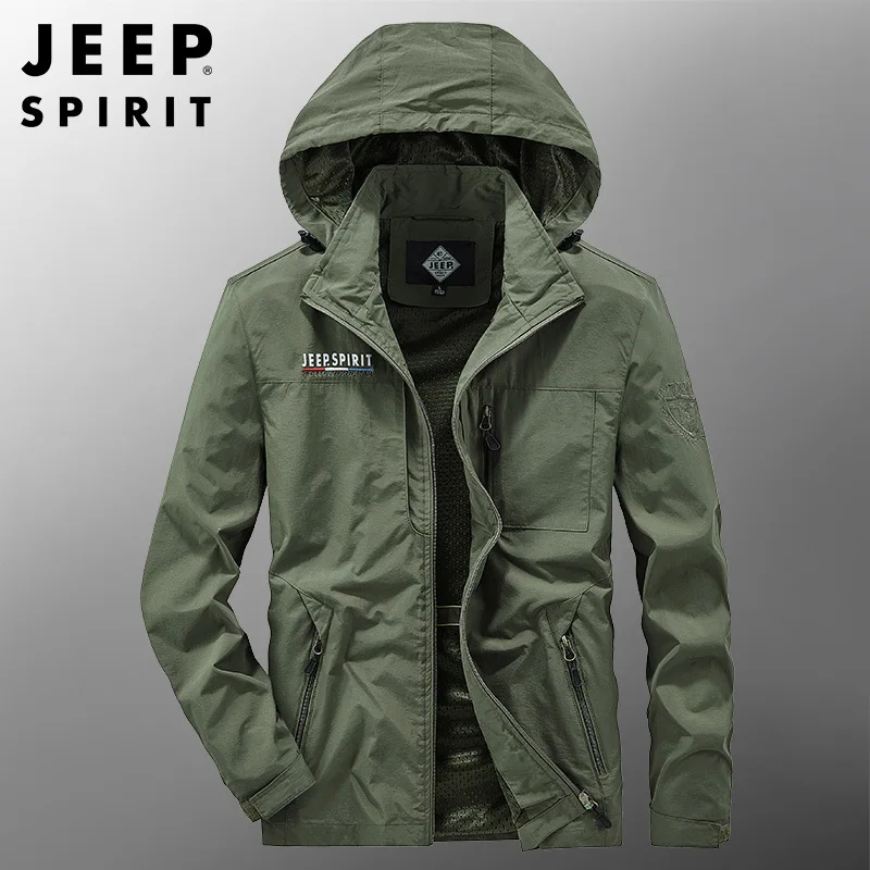 JEEP SPIRIT jacket men spring autumn loose outdoor windbreaker sports stylish comfortable removable hat high-quality clothes