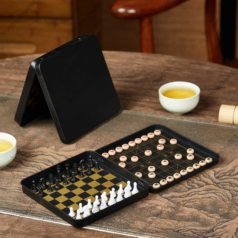Magnetic Portable 2-in-1 Chess Set, Mini Chinese Chess & International Chess Travel Board Game, Folding Pocket Games