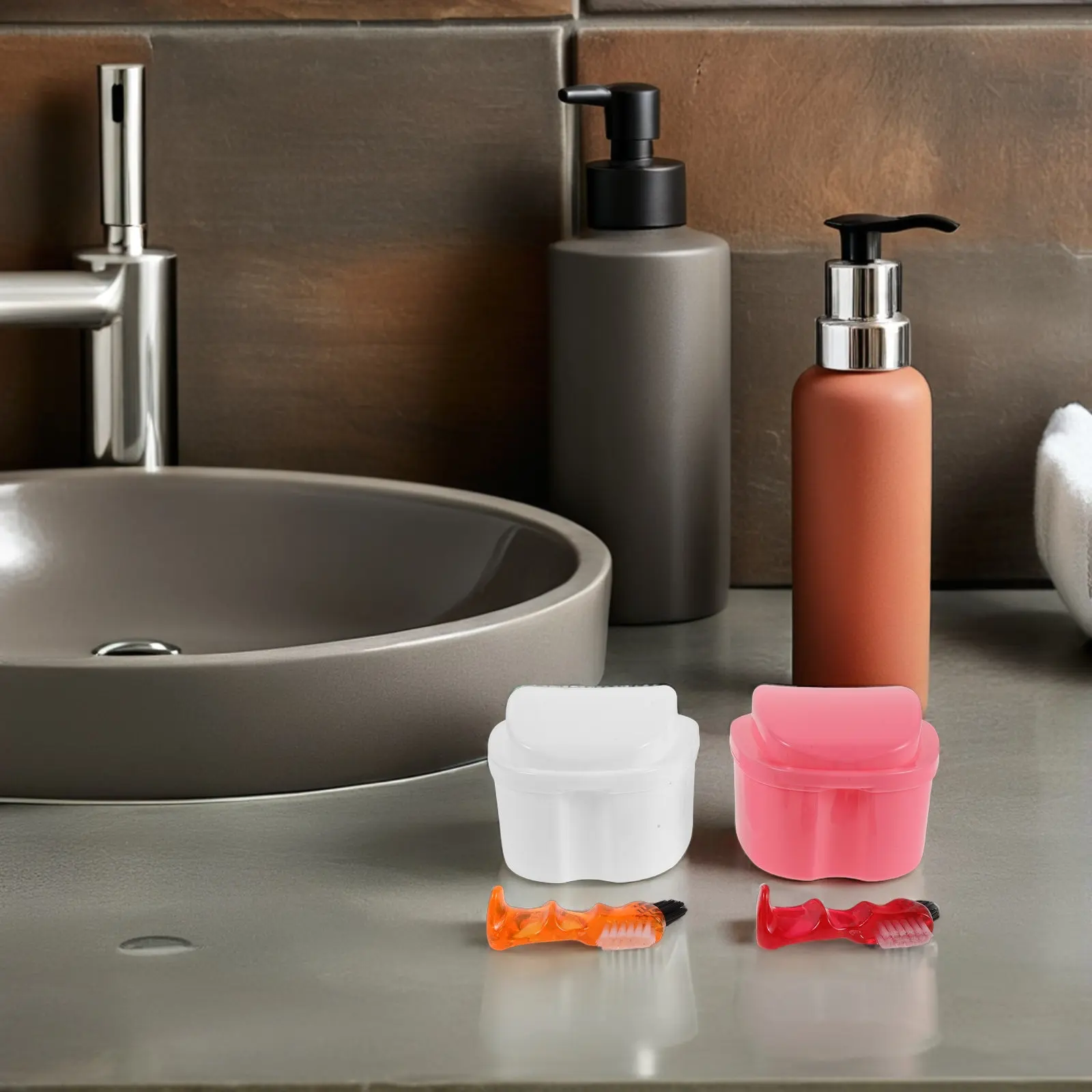 2Sets Denture Storage Containers Portable Retainer Soak Tub False Teeth Bath Box with Brush Dual Compartment Holder Travel