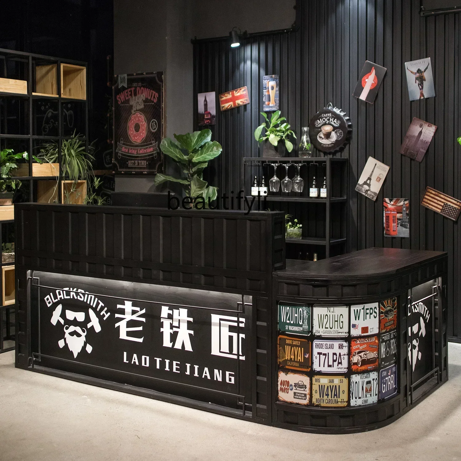 Corner Cashier Industrial Iron Vintage Restaurant Curved Bar Clothing Store Milk Tea Counter