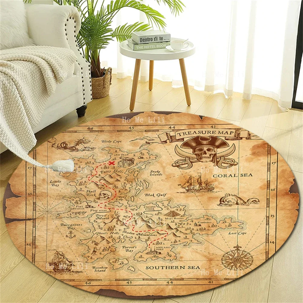 Mapa del tesoro pirata súper detallado en un pergamino antiguo rominado Vintage Biblioteca Nostalgia estantería biblioteca alfombra redonda
