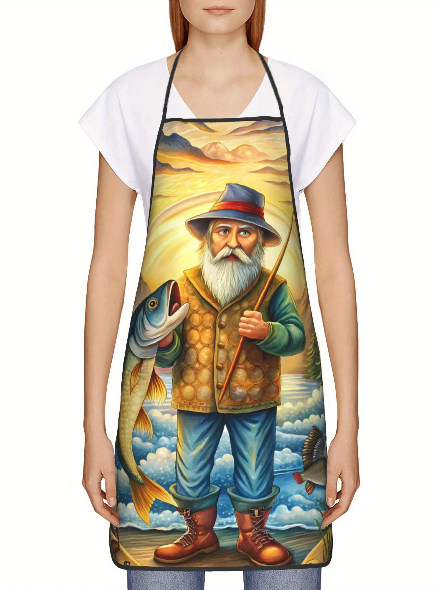 Funny Old Fisherman Apron, Vintage Fishing Catch Graphic Cooking Bib, Outdoor Sport Kitchen Decor, Novelty Gift for Dad