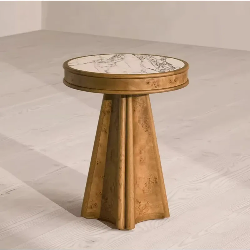 Mid-century style solid wood marble side table, tree knot wood veneer round, retro designer coffee table suitable for apartment