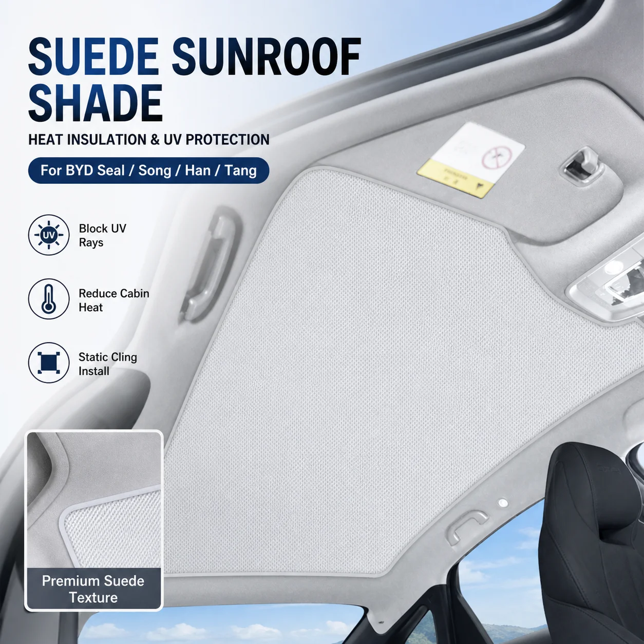 Suede Sunroof Shade Heat Insulation UV Protection Static Cling For BYD Seal/Song/Han/Tang Car Interior Accessory