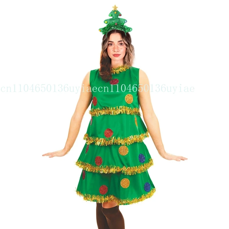 Costume da donna per albero di Natale, set senza maniche, girocollo, torta, abito a trapezio, fascia per occhiali, borsa per calzini lunghi