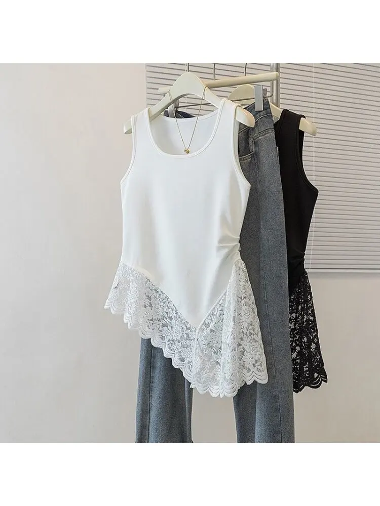 Summer Women's Lace Strap Tank Top 95 Cotton Sleeveless Base Layer Outerwear Big Size Fat MM Inner Wear Casual Simple Style