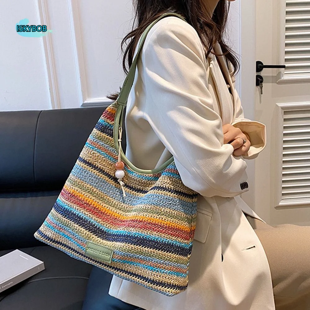 

Leisure Rainbow Stripe Straw Shoulder Bag Bohemian Casual Weave Tote Bag Portable Lightweight Underarm Tote Bag Travel