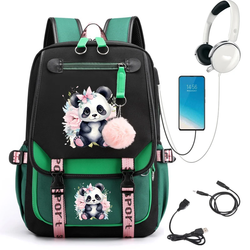 Floral Panda Print School Backpack Bag for Teenager Girls Cartoon School Bag Anime Students Usb Bookbag Animals Manga Bagpacks