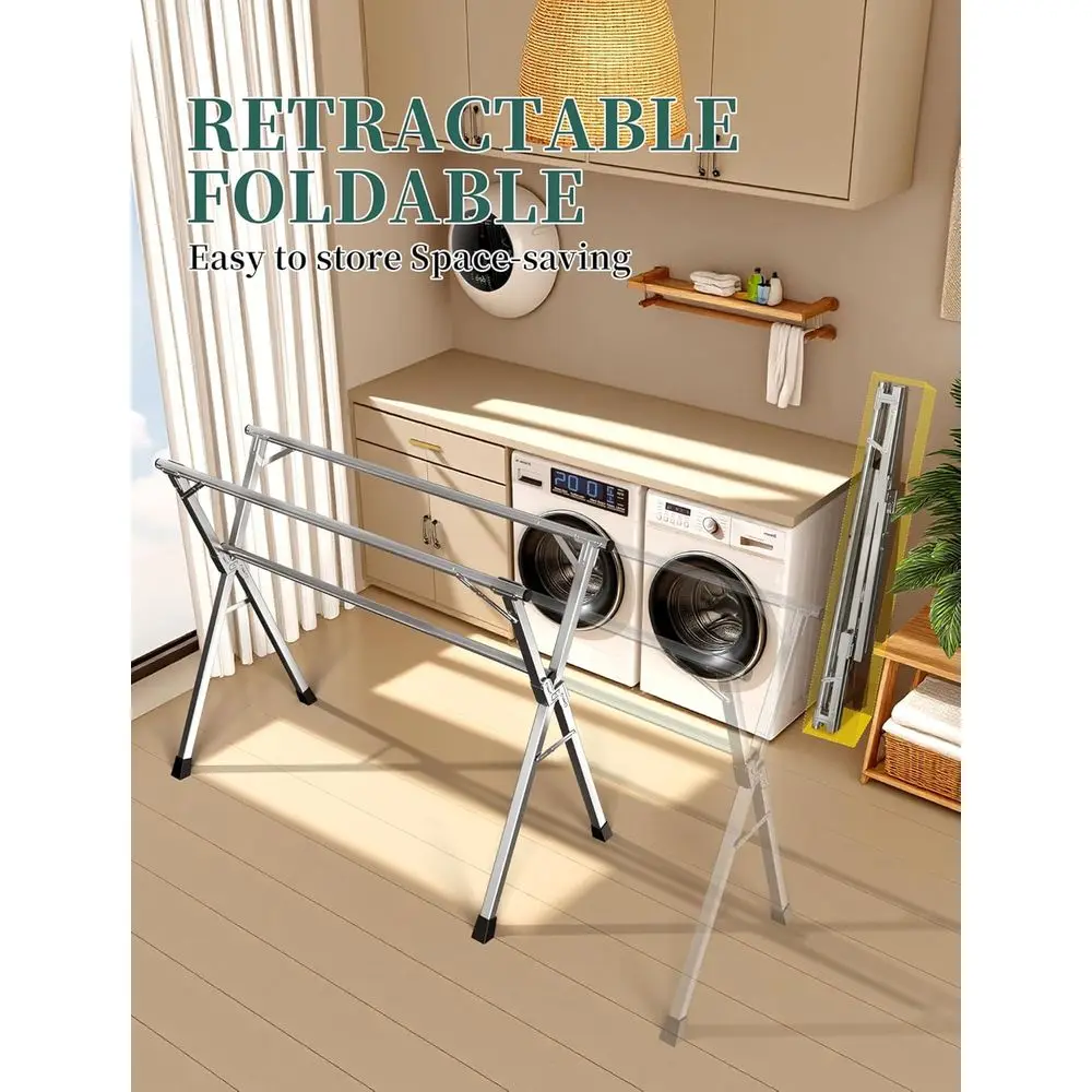 Stainless Steel Folding Clothes Drying Rack - 95 Heavy-Duty, Outdoor & Indoor, Anti-Rust, 20 Windproof Hooks, Portable Laundry R