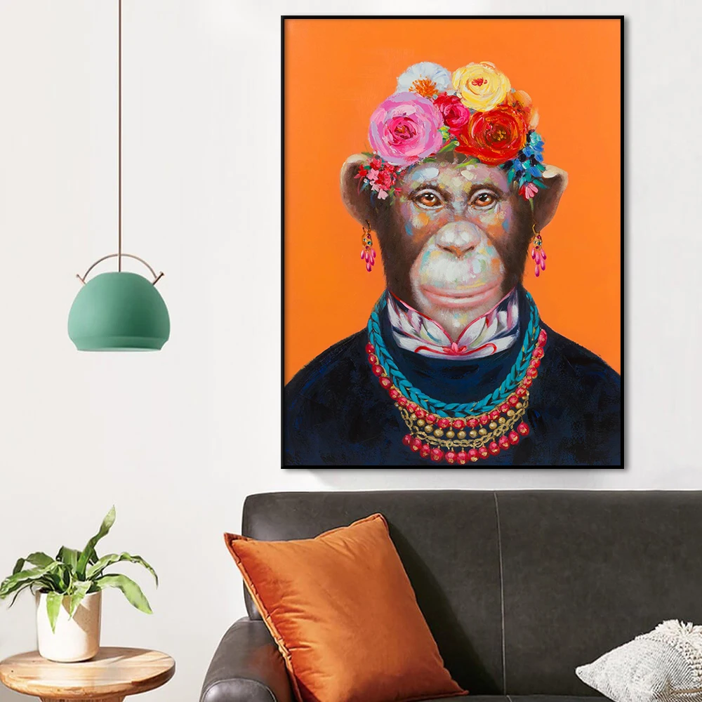 

Gorilla Wearing Flowers and Earrings Painting Abstract Wall Art Canvas Poster Print Animal Pictures for Room Home Decor Cuadros